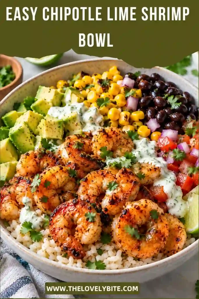 Freshly prepared shrimp bowl with avocado, chipotle-seasoned shrimp, warm rice, cherry tomatoes, cucumber, spinach, and sliced jalapeños. A vibrant cilantro lime shrimp bowl topped with fresh herbs and a smoky citrus dressing.