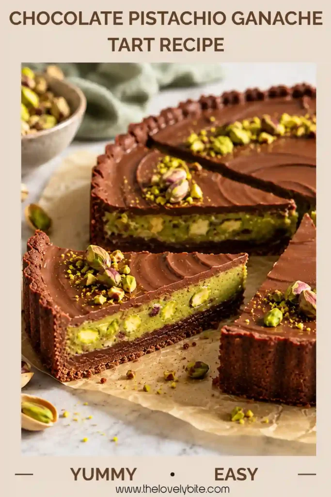 Chocolate Pistachio Ganache Tart with a glossy dark chocolate topping and roasted pistachio garnish. The tart features a cocoa crust with rich chocolate ganache and creamy pistachio layers.