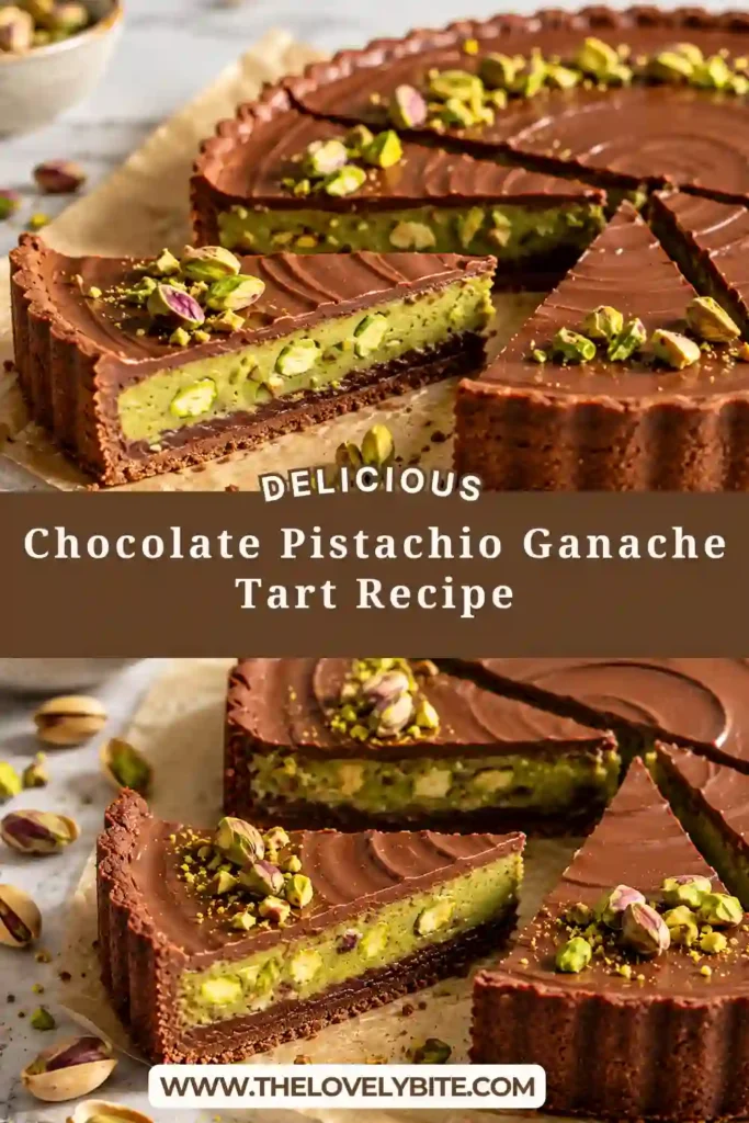 Sliced chocolate pistachio tart showing distinct layers of dark chocolate ganache and creamy pistachio filling. Roasted pistachios decorate the glossy chocolate surface.