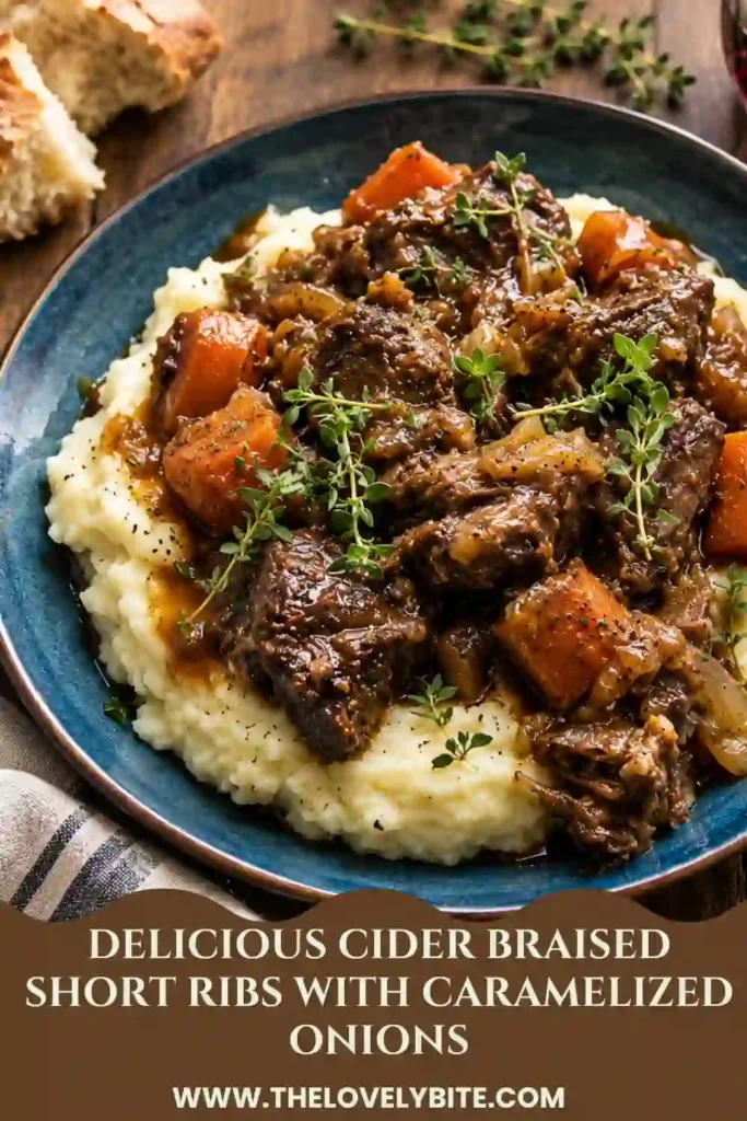 A Dutch oven filled with cider braised short ribs, caramelized onions, carrots, garlic, and fresh thyme. The browned beef is nestled in a rich apple cider and chicken broth sauce.