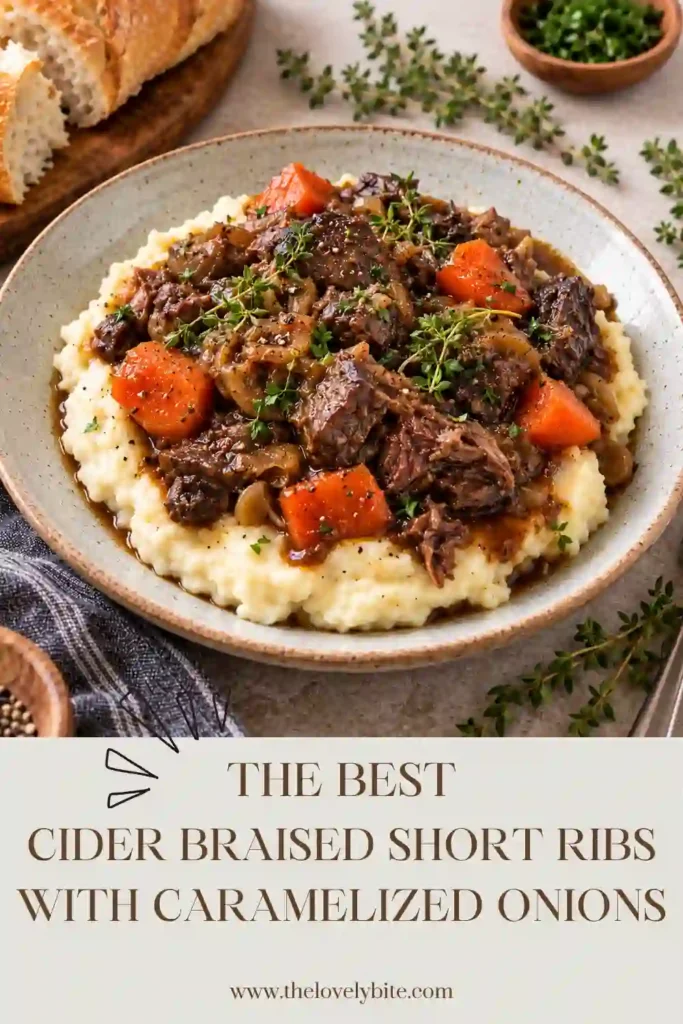 Close-up of tender beef short ribs with caramelized onions and carrots served with creamy mashed potatoes. The glossy apple cider sauce coats the meat and vegetables.