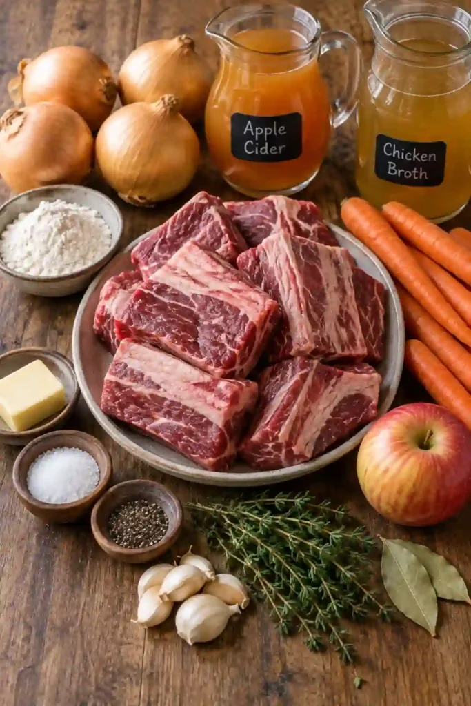 Cider braised short ribs served with caramelized onions, carrots, and rich pan sauce over creamy mashed potatoes. The tender beef is surrounded by golden onions and fresh herbs for a cozy comfort-food presentation.