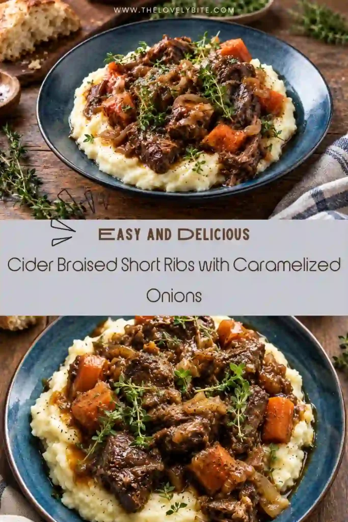 Cider braised short ribs plated with mashed potatoes, caramelized onions, carrots, and fresh thyme. The tender beef has a deeply browned exterior and is finished with rich pan sauce.