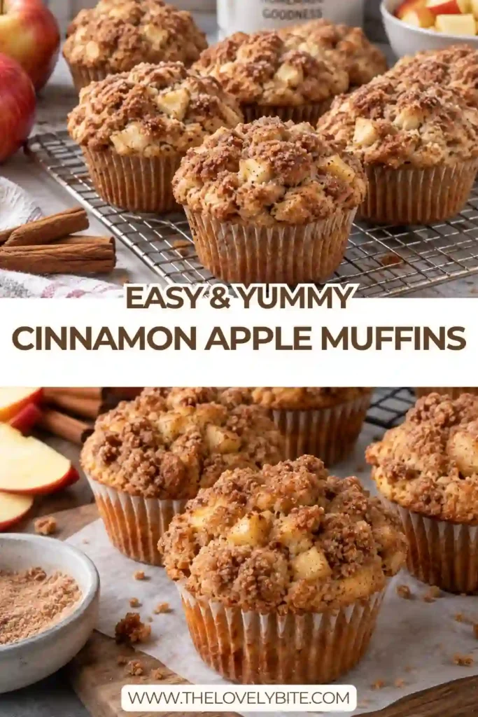 A cinnamon apple muffin cut in half to reveal a moist, fluffy crumb filled with tender diced apples. The golden muffin is finished with a sweet cinnamon sugar topping.