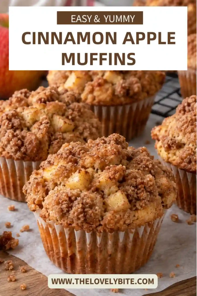 Homemade cinnamon apple muffins arranged beside fresh apples and cinnamon sticks on a rustic kitchen surface. The golden muffins feature a sweet cinnamon sugar coating and a soft, tender texture.