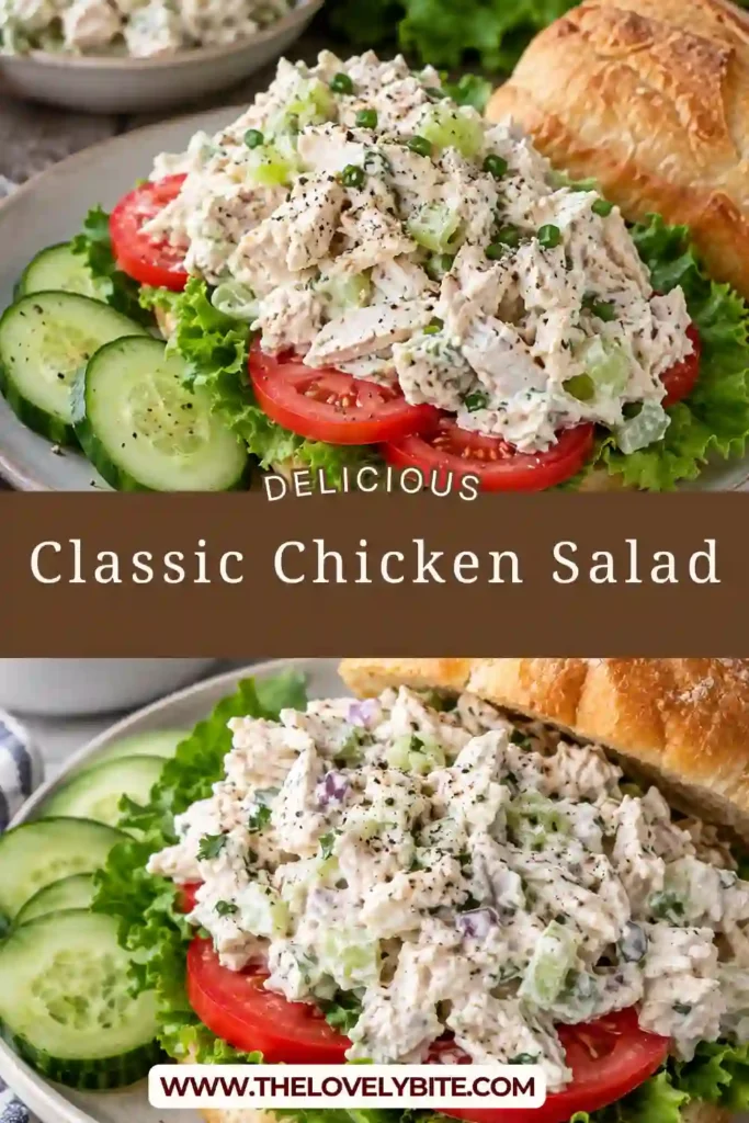 A bowl of classic chicken salad made with tender chopped chicken, creamy mayonnaise, crisp celery, and sliced green onion. Fresh dill and black pepper add color and flavor to this easy chicken salad.