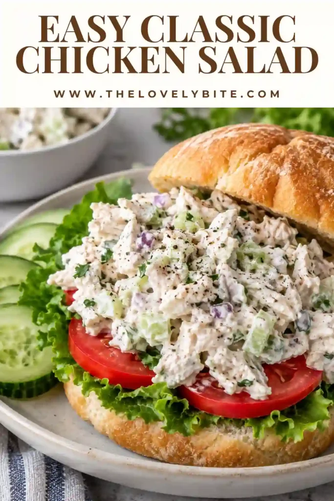 Homemade chicken salad served in a sandwich with creamy chicken filling and crisp vegetables. The classic chicken salad features tender chicken, celery, green onion, and Dijon mustard.