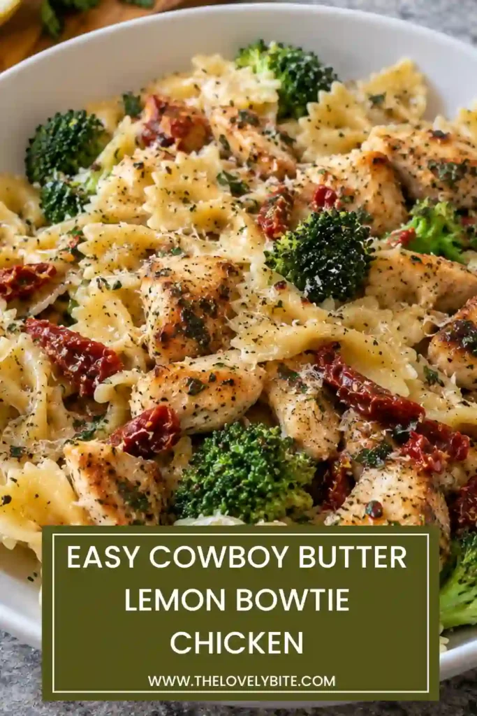 Cowboy Butter Lemon Bowtie Chicken served with tender farfalle pasta, sliced golden chicken, Parmesan, and fresh parsley. The pasta is coated in a buttery garlic and lemon sauce with smoked paprika.