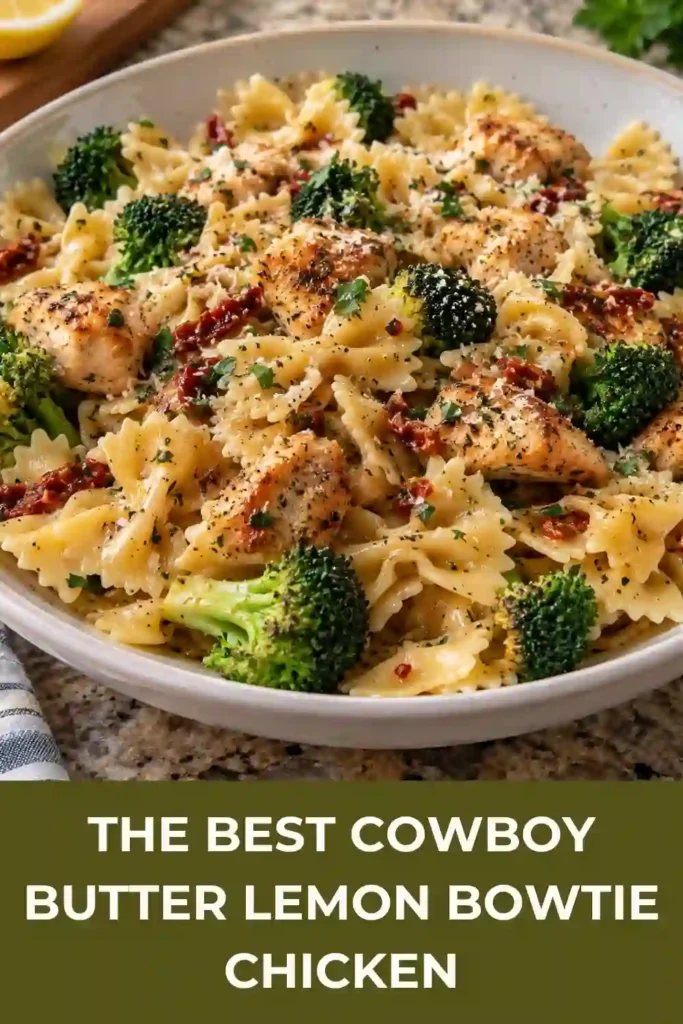 A skillet of cowboy butter chicken pasta made with bowtie pasta, juicy sliced chicken, fresh lemon, garlic, parsley, and Parmesan. The pasta has a glossy buttery sauce and warm golden color.