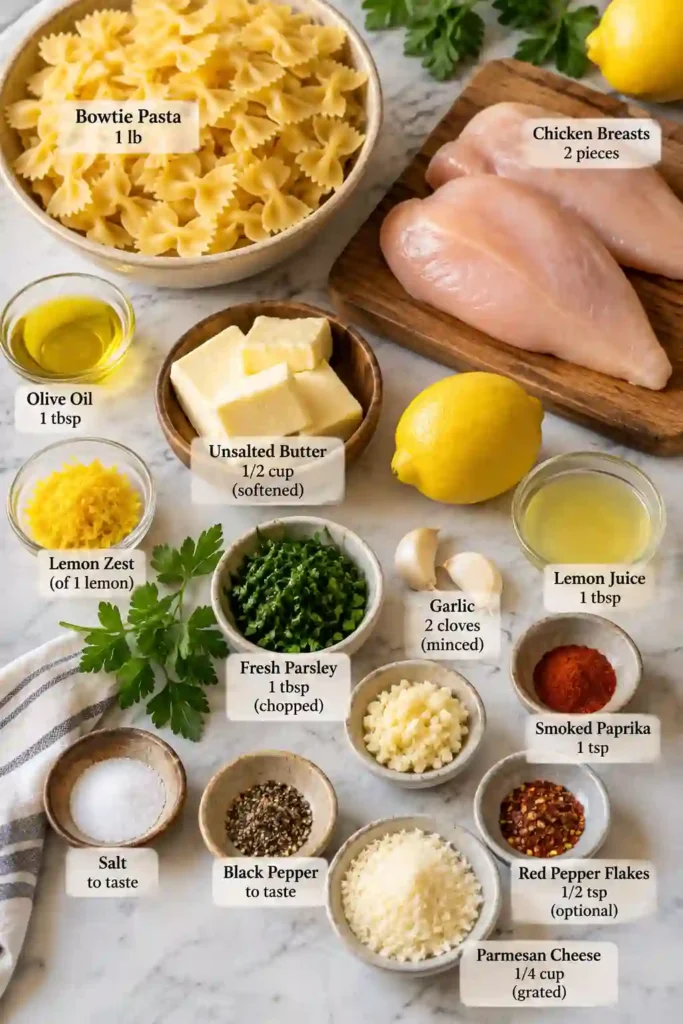 Garlic butter chicken pasta featuring farfalle, sliced chicken, lemon zest, parsley, smoked paprika, and Parmesan cheese. The cowboy butter sauce lightly coats each piece of bowtie pasta.
