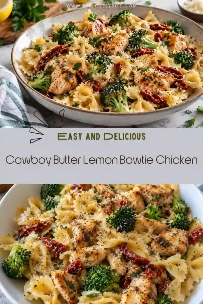 Lemon butter chicken pasta with golden chicken breast arranged over tender bowtie pasta. Fresh parsley, grated Parmesan, garlic butter, and lemon add color and flavor to the finished dish.