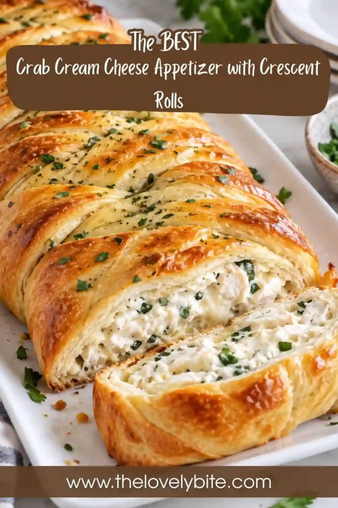 Close-up of sliced crab and cream cheese crescent rolls with golden pastry layers and a creamy seafood center. Tender crabmeat and herb-seasoned cream cheese create a rich, savory filling.