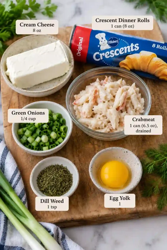 Golden-brown crab cream cheese appetizer made with flaky crescent roll dough and a creamy crabmeat filling. The sliced pastry reveals tender crab, cream cheese, green onions, and dill.