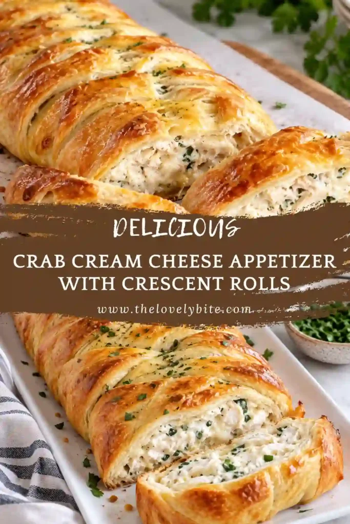 Baked crab appetizer arranged in individual slices on a party serving platter with lemon wedges and fresh dill. Golden crescent roll pastry surrounds a creamy crab and cream cheese filling.