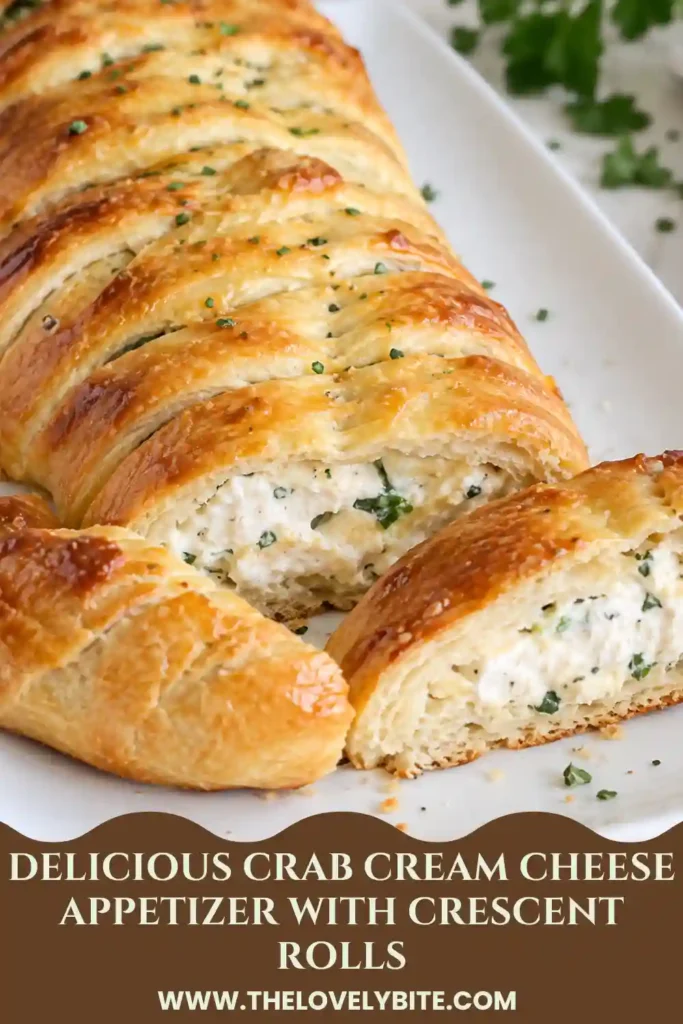 Freshly baked crab stuffed crescent roll with a golden-brown crust on a parchment-lined baking sheet. The savory pastry is filled with crabmeat, softened cream cheese, green onions, and dill.