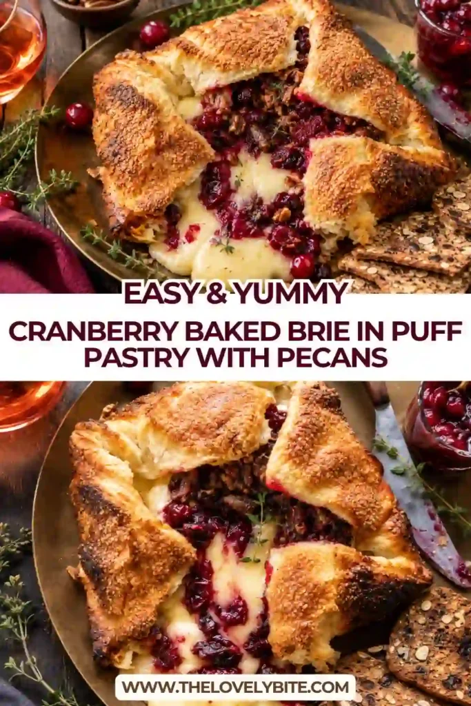 Sliced Cranberry Baked Brie revealing creamy melted cheese, bright cranberry sauce, and crunchy pecans inside golden puff pastry. The warm Brie filling spills gently onto a serving board beside toasted baguette slices.