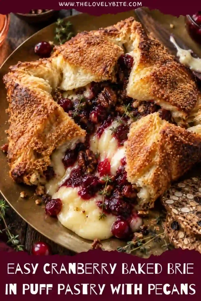 Golden Cranberry Baked Brie wrapped in flaky puff pastry and filled with creamy cheese, homemade cranberry sauce, and toasted pecans. The pastry wrapped Brie is served on a rustic wooden board with fresh cranberries and rosemary.