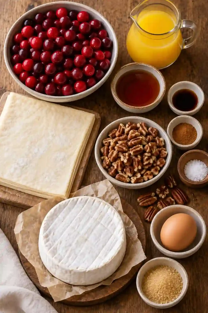 Close-up of Cranberry Baked Brie with glossy homemade cranberry sauce, toasted pecans, and golden puff pastry. The flaky pastry opens to reveal soft melted Brie beneath the sweet-tart cranberry topping.