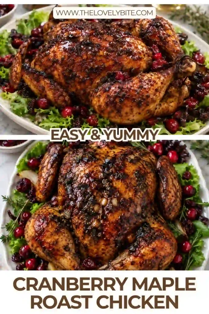 Cranberry Maple Roast Chicken with golden roasted skin covered in a glossy cranberry and maple glaze. Fresh cranberries and herbs surround the festive whole roasted chicken.