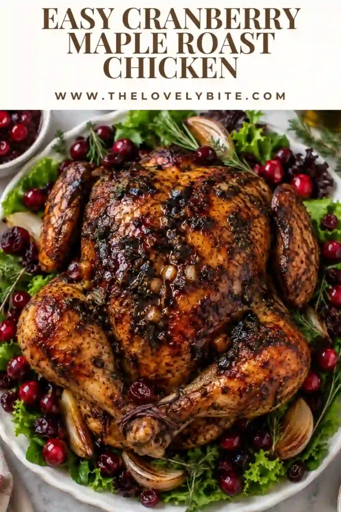 Maple glazed roast chicken served with whole cranberries, roasted onions, lemon, and fresh herbs. The golden chicken is coated with a vibrant sweet-tart cranberry glaze.