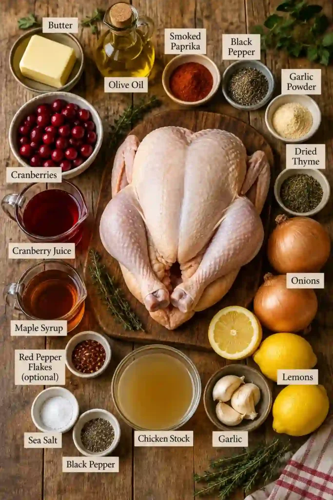 Cranberry chicken recipe featuring a whole herb-roasted chicken brushed with maple cranberry glaze. The finished chicken has caramelized golden skin with bright red cranberries.
