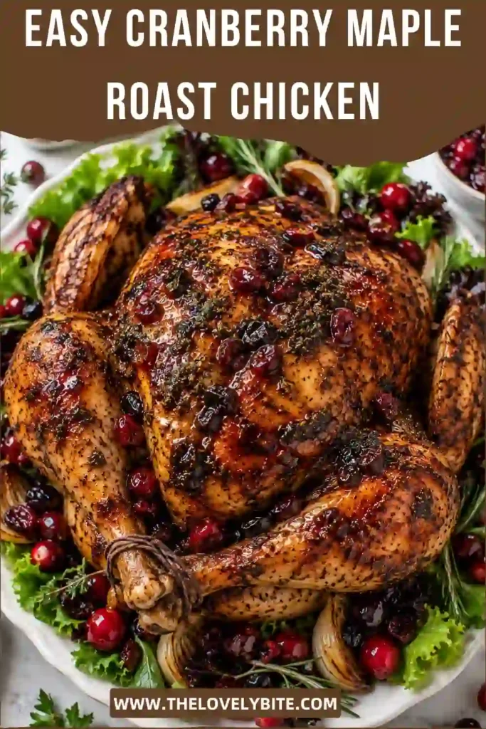 Holiday roast chicken finished with a homemade cranberry maple glaze and surrounded by festive seasonal ingredients. The whole chicken has crisp golden skin and a glossy cranberry topping.