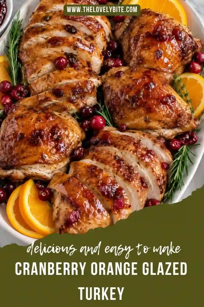 Cranberry orange glazed turkey arranged on a serving platter with a glossy fruit glaze and golden roasted skin. Orange wedges, whole cranberries, and fresh herbs add festive color around the turkey.