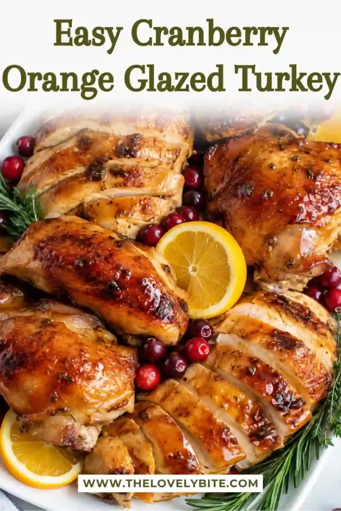 Sliced cranberry orange turkey served with rich pan gravy and a glossy cranberry-orange glaze. The roasted turkey has golden skin and tender-looking meat surrounded by festive orange and cranberry garnishes.