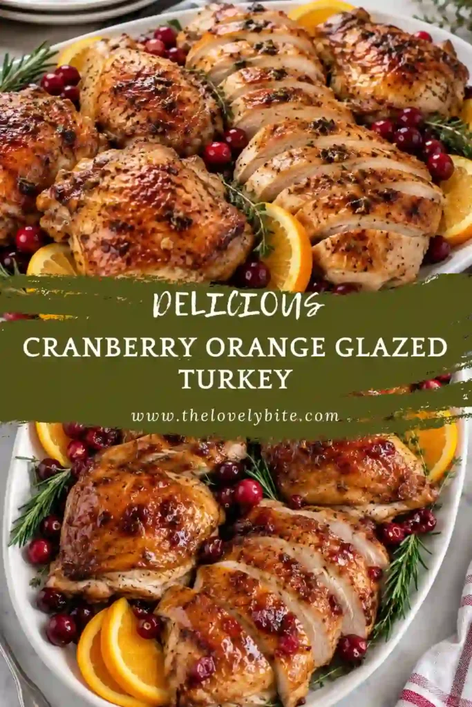 Orange glazed turkey pieces roasting with a deep golden finish and cranberry-orange glaze. Fresh rosemary and colorful cranberries complement the citrus-glazed turkey for a festive Thanksgiving presentation.