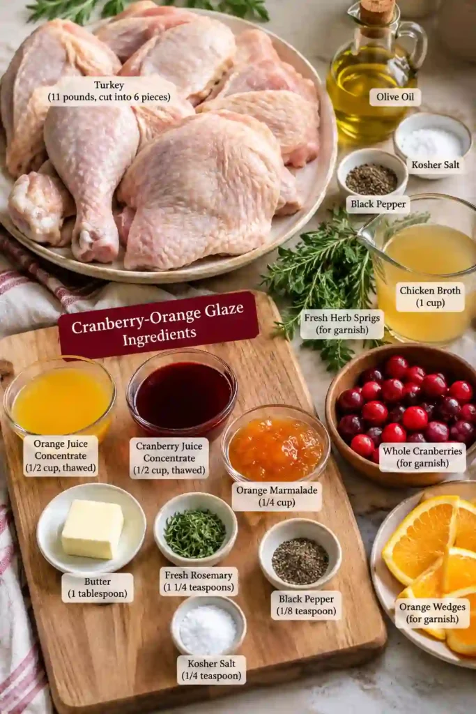 Cranberry turkey recipe featuring roasted turkey coated with a bright cranberry and orange glaze. The holiday turkey is garnished with fresh herbs, orange wedges, and whole cranberries for an elegant presentation.
