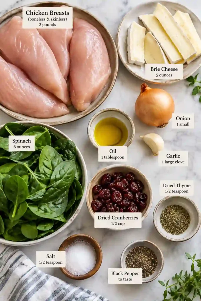 Cranberry and brie stuffed chicken sliced open to reveal creamy Brie, spinach, and dried cranberries. The golden-brown chicken is arranged on a serving plate for an inviting dinner presentation.