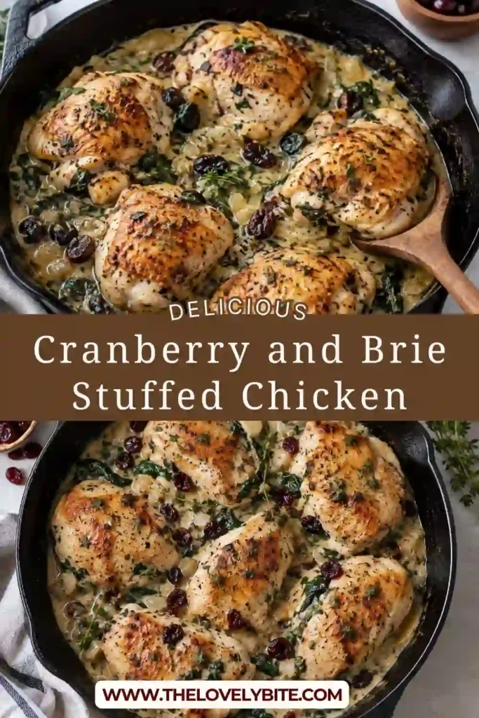 A whole stuffed chicken breast filled with Brie, spinach, and dried cranberries. The chicken has a lightly browned exterior and is served warm as a comforting family dinner.