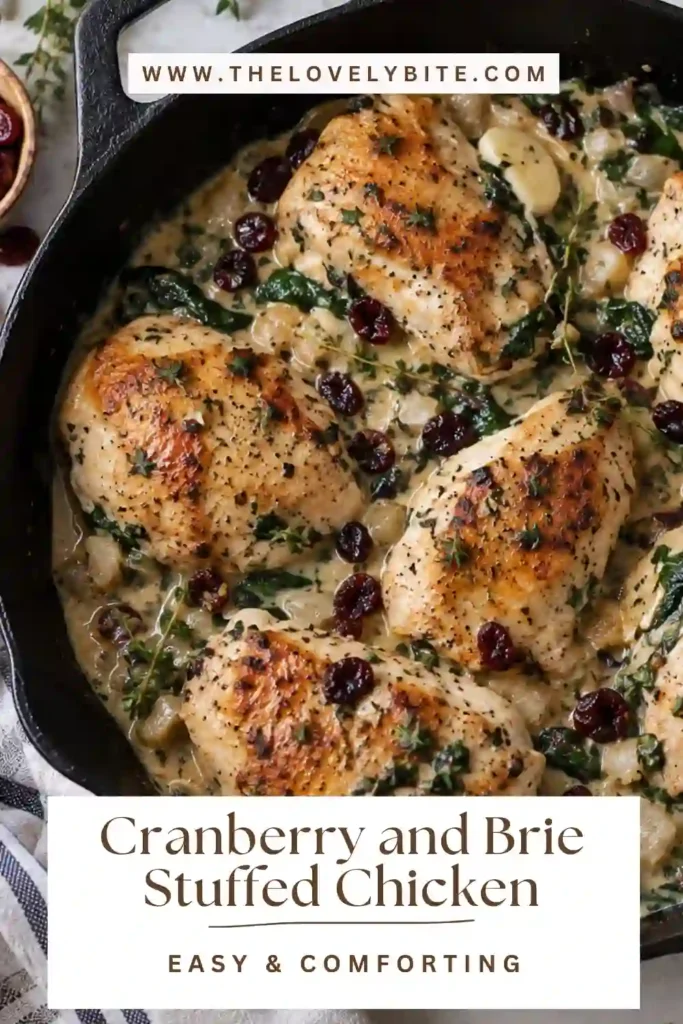 Sliced cranberry and brie stuffed chicken showing its creamy cheese, spinach, and cranberry center. The stuffed chicken breast is served with flavorful pan juices for an elegant dinner.