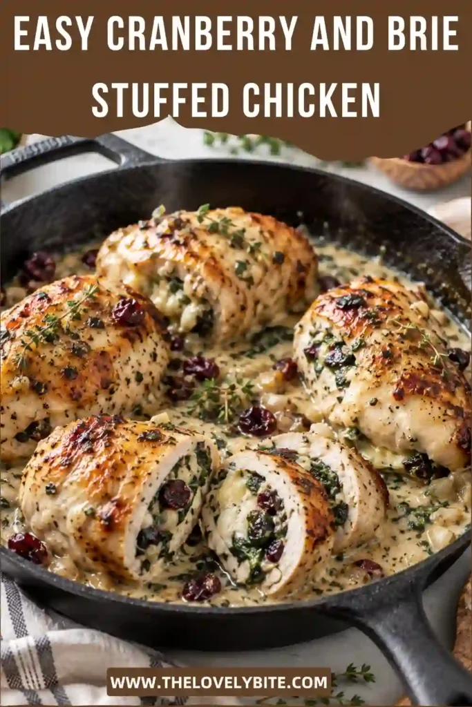 Homemade brie stuffed chicken with spinach and dried cranberries served on a dinner plate. The chicken is golden brown with a creamy, colorful filling visible in the center.