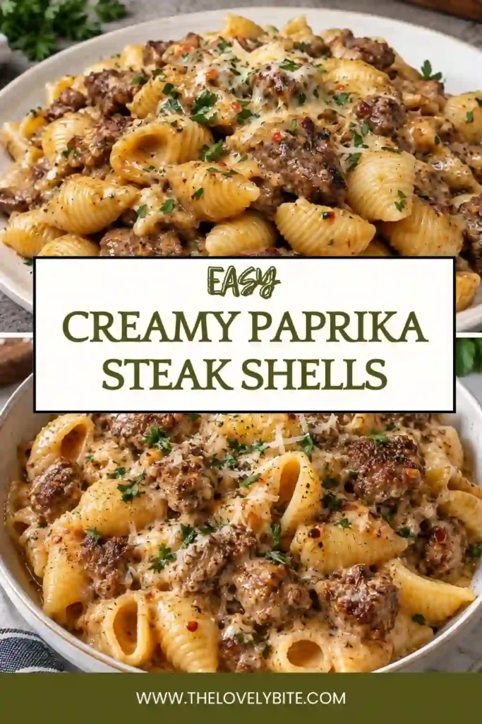 A skillet of creamy paprika steak shells filled with tender browned steak and shell pasta coated in a rich Parmesan cream sauce. The dish is finished with fresh parsley and has a warm, smoky paprika color.