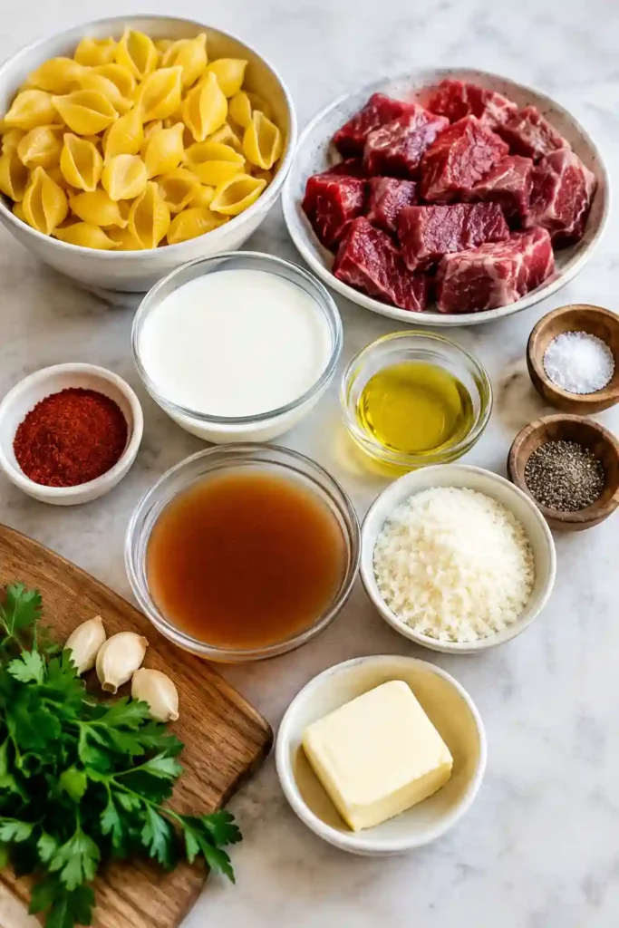 A comforting plate of steak shell pasta with tender beef, garlic, smoked paprika, heavy cream, and Parmesan cheese. Fresh parsley garnishes the creamy pasta for an appetizing homemade presentation.