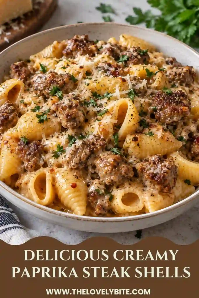 Creamy steak pasta featuring bite-sized seared steak and pasta shells in a thick garlic, paprika, and Parmesan cream sauce. Fresh parsley is scattered over the top for a colorful finish.