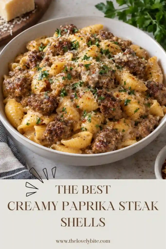 Paprika steak pasta served warm with browned steak pieces, shell pasta, and a creamy Parmesan sauce. The pasta is lightly garnished with chopped parsley for a fresh contrast.