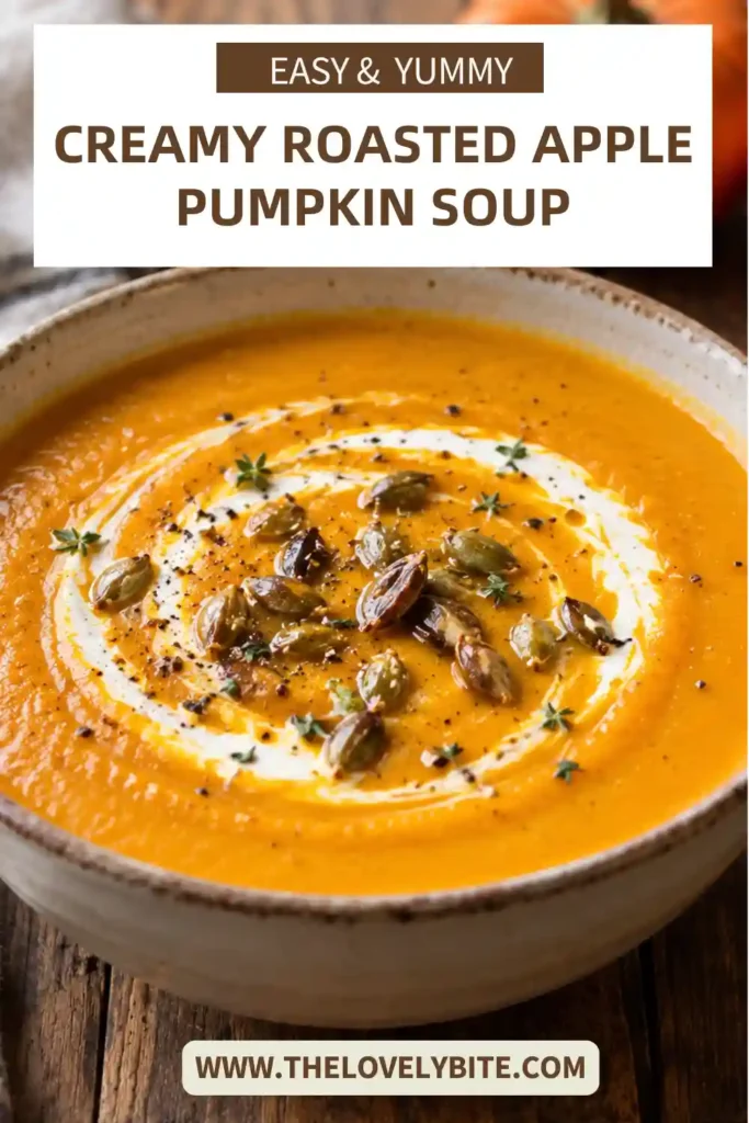 A bowl of creamy roasted apple pumpkin soup topped with toasted pumpkin seeds and a swirl of cream. The smooth orange soup features roasted pumpkin, caramelized apples, garlic, and warm fall spices.