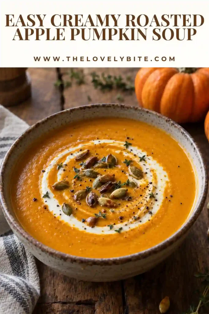 Homemade roasted pumpkin soup served warm in a bowl with a creamy finish and pumpkin seed garnish. The soup has a smooth texture and rich golden-orange color from roasted pumpkin and apples.