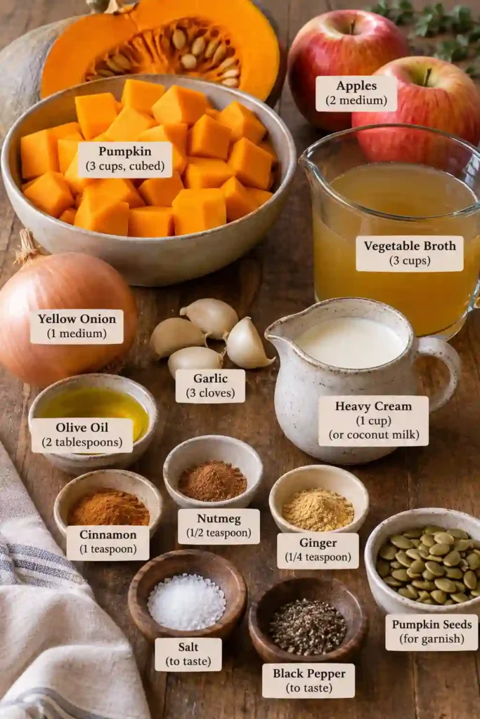 A comforting bowl of creamy pumpkin soup garnished with toasted pumpkin seeds and cream. Roasted apples and pumpkin give the soup a rich autumn color and naturally sweet flavor.
