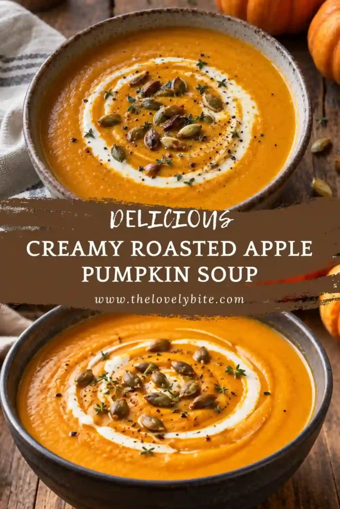 Creamy apple pumpkin soup made with roasted pumpkin, fresh apples, onion, garlic, and warming spices. The smooth soup is served in a bowl with a light cream swirl and toasted pumpkin seeds.