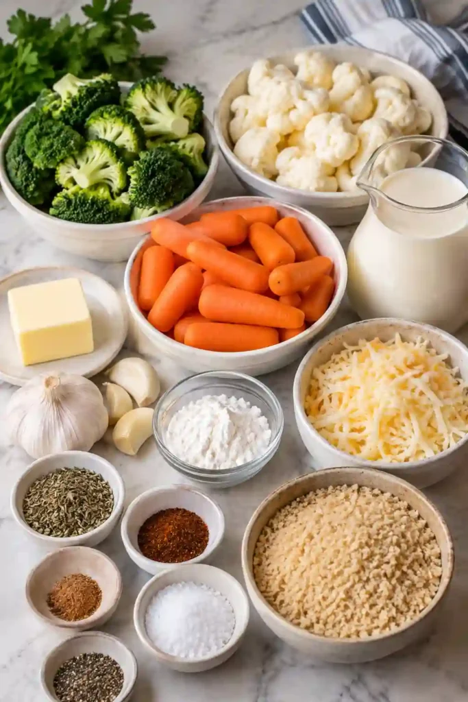 Creamy Vegetable Casserole Recipe featuring tender broccoli, cauliflower, and carrots covered in a rich cheese sauce and golden breadcrumbs. The baked casserole is served in a white ceramic dish with a lightly crisp topping.