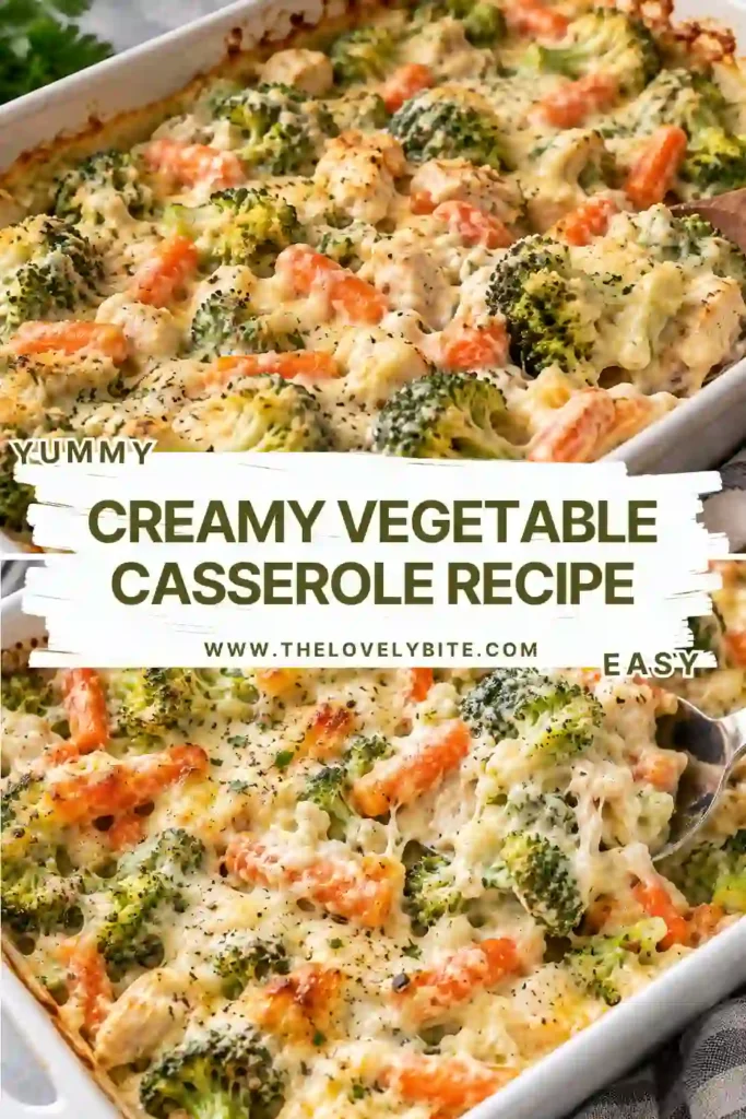 Close-up of a cheesy vegetable casserole with broccoli and cauliflower coated in a smooth garlic cream sauce. Melted cheese and crispy golden breadcrumbs create a rich, comforting baked vegetable dish.
