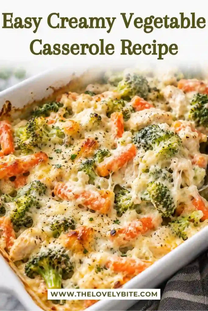A generous serving of creamy vegetable casserole with broccoli, cauliflower, and carrots on a white dinner plate. The vegetables are coated in melted cheese sauce and finished with a lightly golden breadcrumb topping.