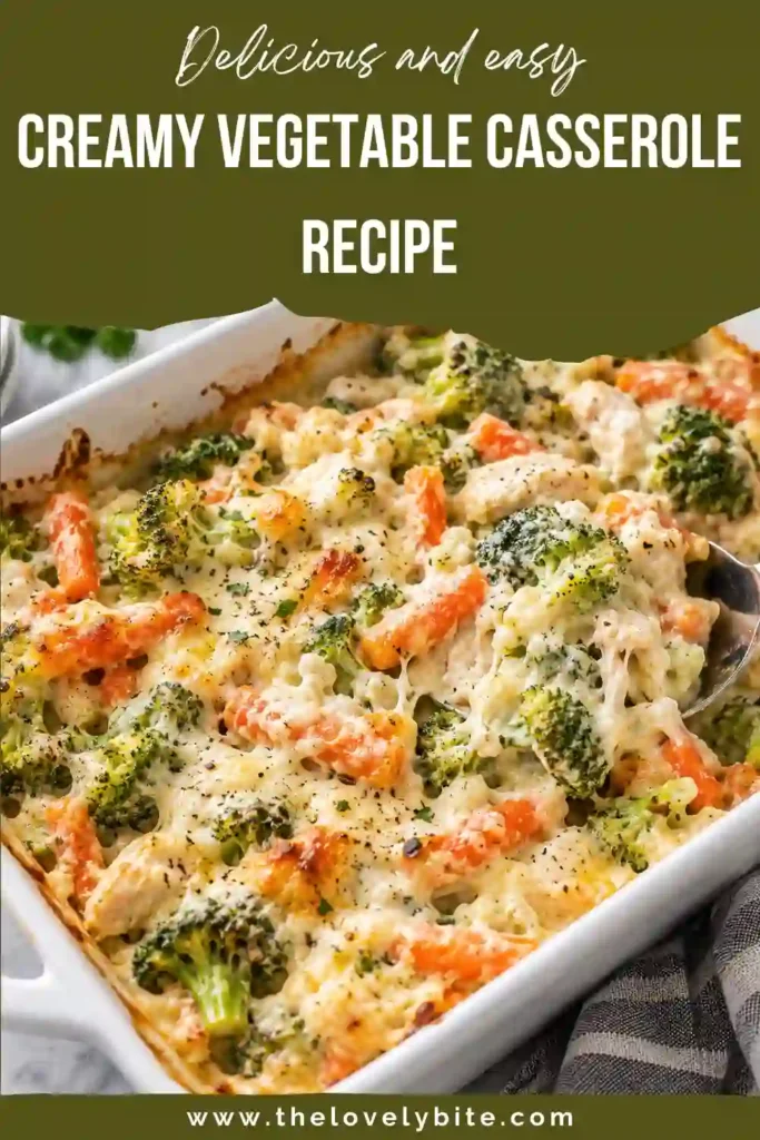 Overhead view of a Creamy Vegetable Casserole Recipe baked with broccoli, cauliflower, carrots, and a golden breadcrumb crust. The colorful vegetables are nestled in a rich cheese sauce inside a rustic baking dish.