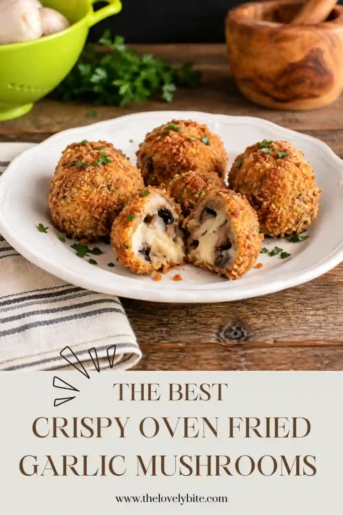 A plate of crispy oven fried garlic mushrooms with a golden almond flour coating and savory garlic seasoning. The baked mushrooms have a crunchy exterior and tender centers, making them a delicious low-carb appetizer.