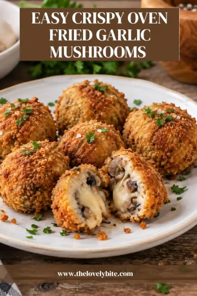 Close-up of crispy baked mushrooms with a golden garlic and almond flour crust. The seasoned coating creates a crunchy texture around the tender mushrooms, making them a flavorful keto mushroom appetizer.