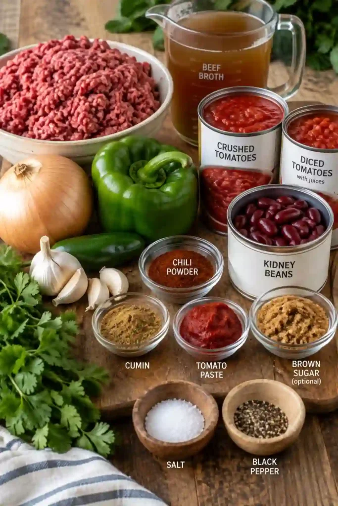 A bowl of easy homemade chili filled with seasoned ground beef, tender kidney beans, and rich tomato sauce. Melted cheddar cheese and sliced green onions add a colorful finishing touch.