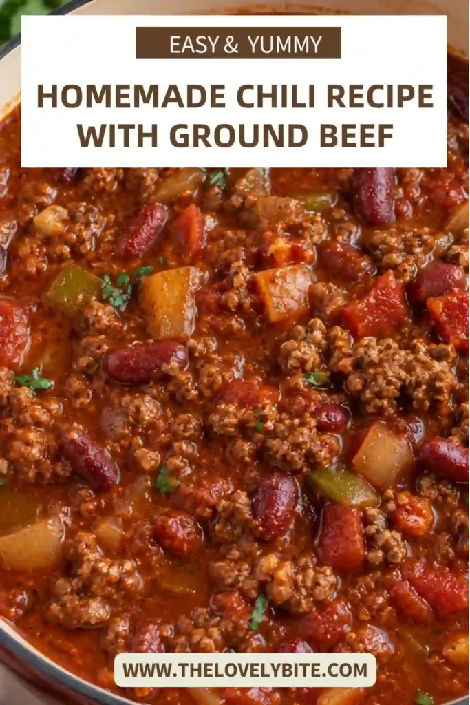 A large pot of homemade beef chili simmering with ground beef, kidney beans, tomatoes, and spices. The thick tomato sauce surrounds the tender ingredients in this comforting one pot chili.